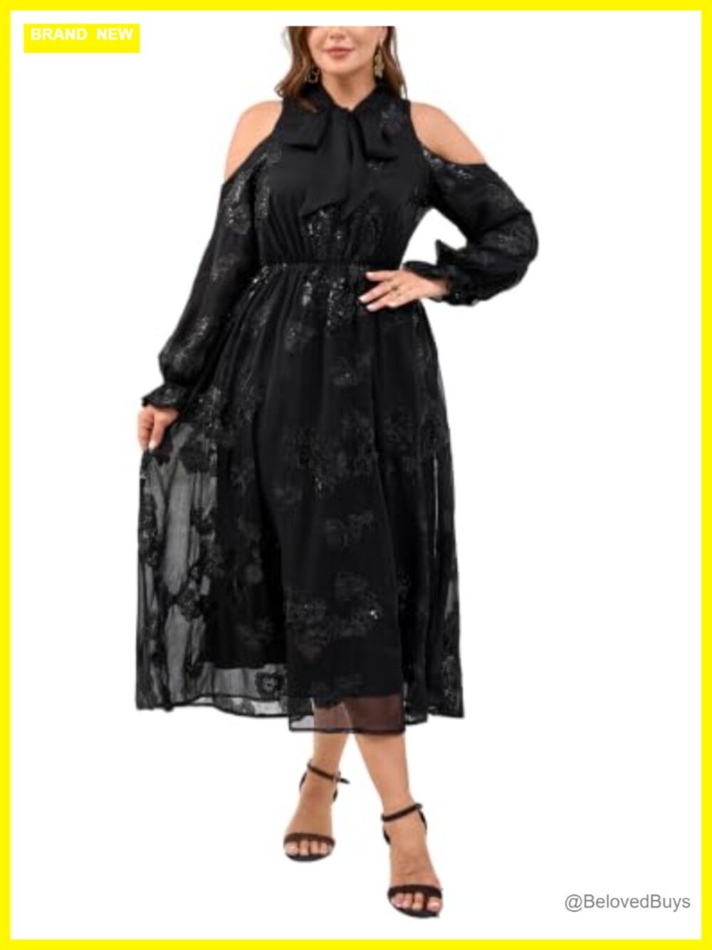 Plus Size Cold Shoulder Bow Tie V-Neck Chiffon Midi Dress with Sequins